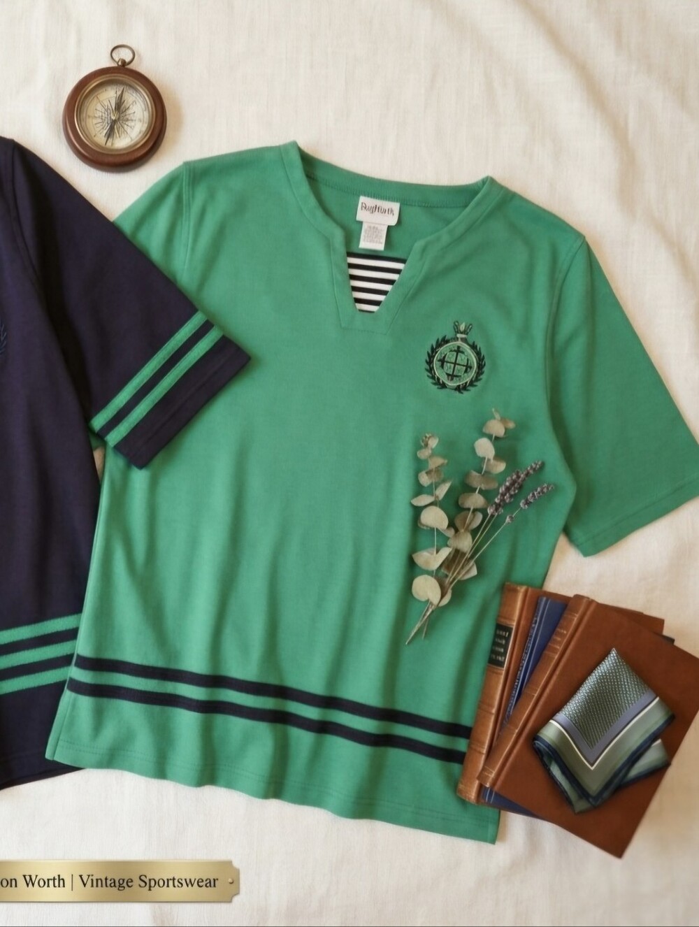 BonWorth VTG 90's Preppy Embroidered Knit Tops Set - Navy & Green Short Sleeve